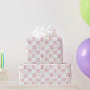 Papel De Presente Aniversário Quadrados Brancos Rosa Chic