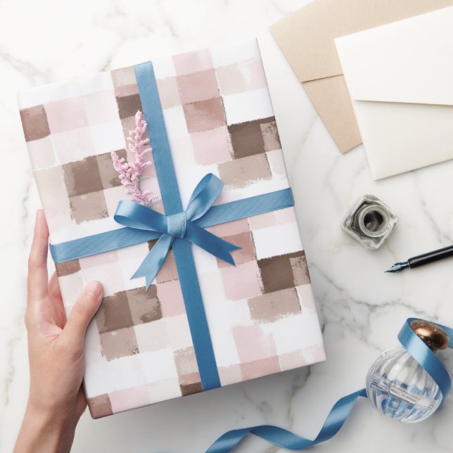 Papel De Presente Aniversário Quadrados Rosa Creme Marrom (Presentear)