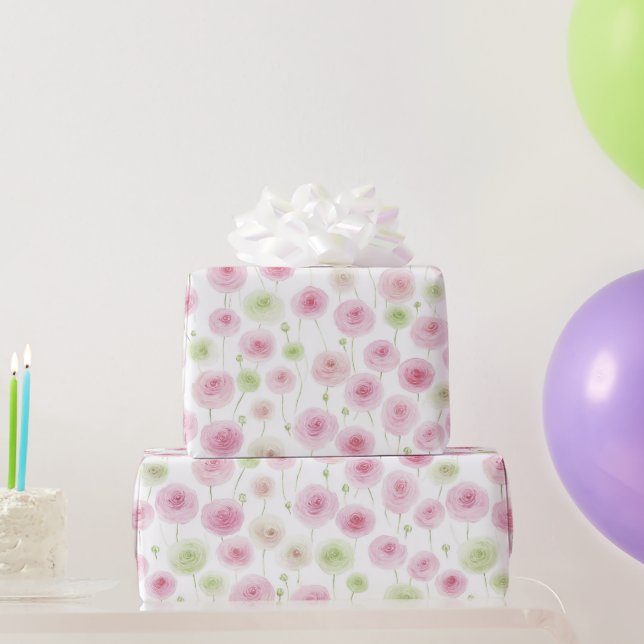 Papel De Presente Aniversário Ranunculus Floral Rosa Hortelã (Presentes para festas)