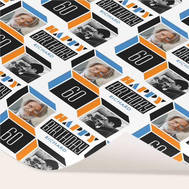 Papel De Presente Aniversário Retro Cube Foto 60th Orange Blue White (Criador carregado)
