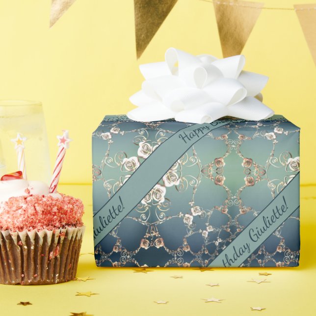 Papel De Presente Aniversário Rosas Românticos Azul (Festa de aniversário)