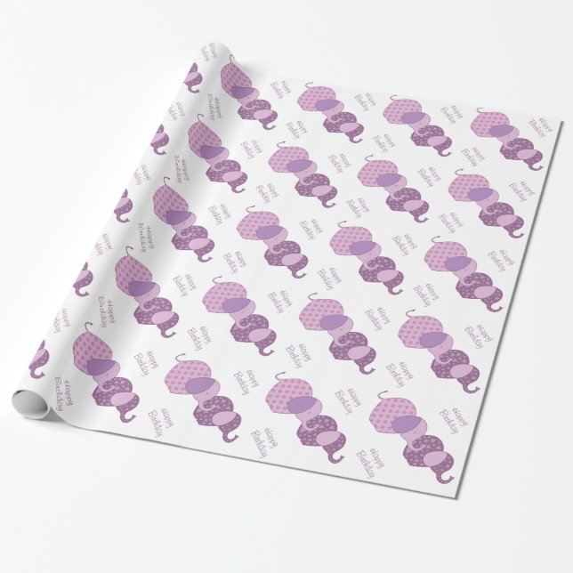 Papel De Presente Aniversário roxo do elefante (Desenrolado)