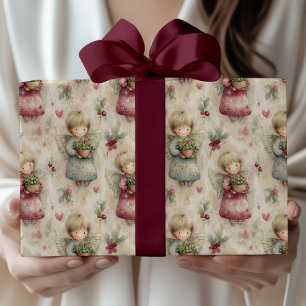 Papel De Presente Anjo de Aquarela Natalino com Floral em Vaso