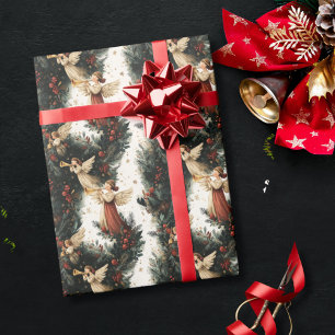 Papel De Presente Anjo de Natal Religioso Vintage com Trombeta