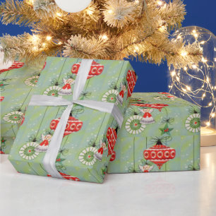 Papel De Presente Anjo de Natal Vintage Enfeites Retro em Verde