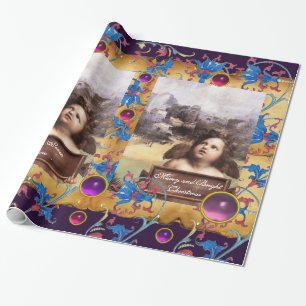 PAPEL DE PRESENTE ANJO DO NATAL, GEMA FLORAL AZUL VERMELHA DO ROSA