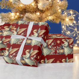 Papel De Presente Anjo e Lanterna de Natal Vintage