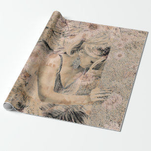 Papel De Presente Anjo Elegante Boho Floral Sepia Antiquado
