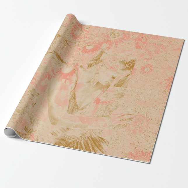 Papel De Presente Anjo Elegante Pesado Sepia Cor-de-rosa Antiguidade (Desenrolado)