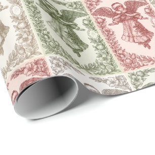Papel De Presente Anjo florido vitoriano vermelho verde branco vinta