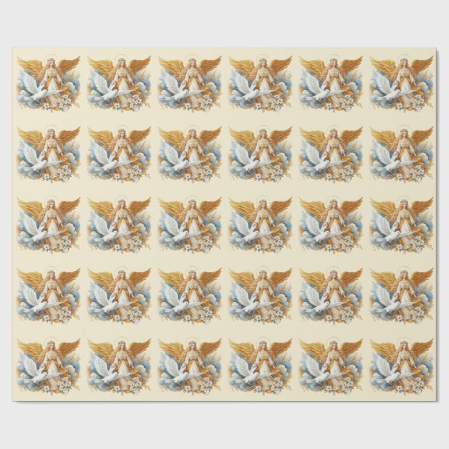 Papel De Presente Anjo Guardião Dourado Com Pássaro Branco (Aberto)