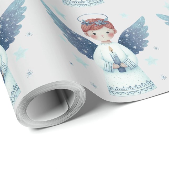 Papel De Presente Anjo Nórdico Elegante segurando uma vela (Ponta do rolo)