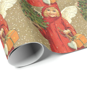Papel De Presente Anjo Querubim Árvore de Natal Neve