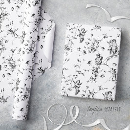 Papel De Presente Anjos Cupido Vintage Floral Preto Branco Toile