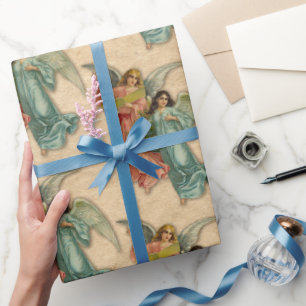 Papel De Presente Anjos de Natal Antigo Parchmento Musical Vitoriano