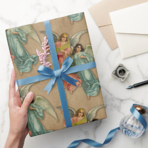 Papel De Presente Anjos de Natal Antigo Pergaminho Musical Vitoriano