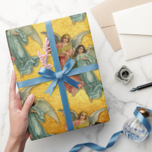 Papel De Presente Anjos de Natal Antigos Ouro Vitoriano Luxo