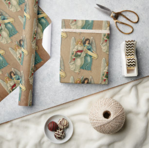 Papel De Presente Anjos de Natal - Pergaminho Vitoriano Antigo
