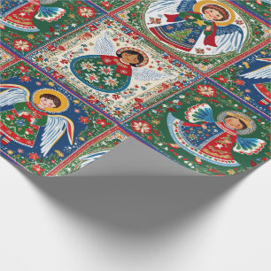 Papel De Presente Anjos Inspirados pela Arte Folclórica de Natal em 