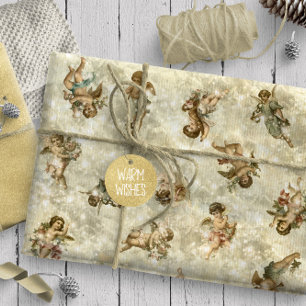Papel De Presente Anjos Vintage Brilhantes em Ouro ID136