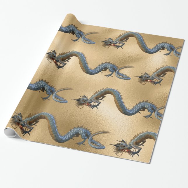 Papel De Presente Ano Dourado chinês do dragão (Desenrolado)