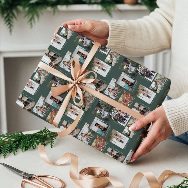 Papel De Presente Ano em Momentos 8 Colagem de Fotos e Legendas da F (Year in Moments 8 Family Photo Collage & Captions Wrapping Paper)