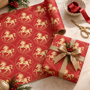 Papel De Presente Ano Novo Chinês Cavalo de Fogo Dourado Vermelho