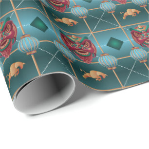 Papel De Presente Ano Novo Chinês de Ox - Padrão de Verificação Verd