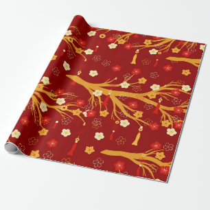Papel De Presente Ano Novo Chinês Flor de Ameixa Vermelha e Dourada