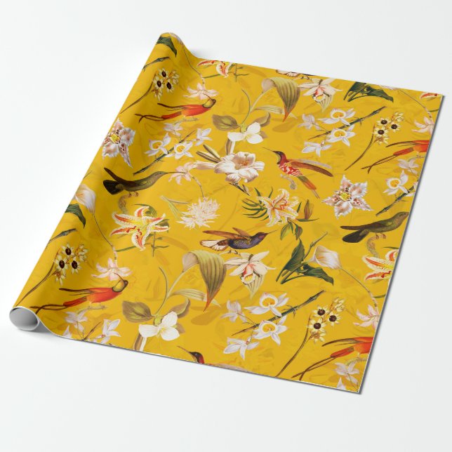 Papel De Presente Anticorpo da selva Tropical de Hummingbird Amarelo (Desenrolado)