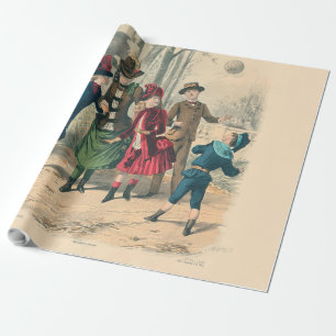 Papel De Presente Antigos Crianças Vitorianas Jogam Bola 1880 Invern