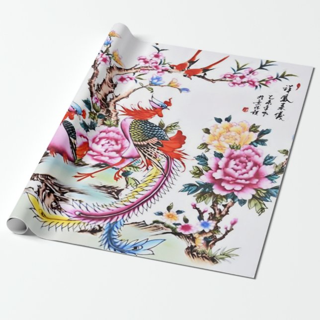 Papel De Presente Antiguidade de Aves Florais Chinesas Chinoiserie D (Desenrolado)