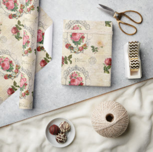 Papel De Presente Antiguidade Ephemera Rosa Francesa