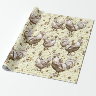 Papel De Presente Antiguidade Vintage Beige Rooster Hen Script Franc