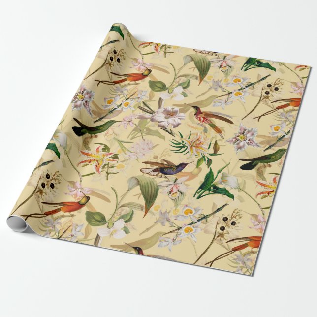 Papel De Presente Antiquado Padrão Selvagem de Hummingbird Tropical  (Desenrolado)