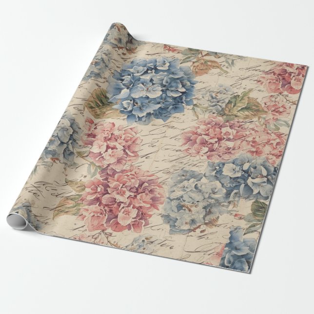 Papel De Presente Antique Blue and Pink Hydrangea Ephemera Script  (Desenrolado)