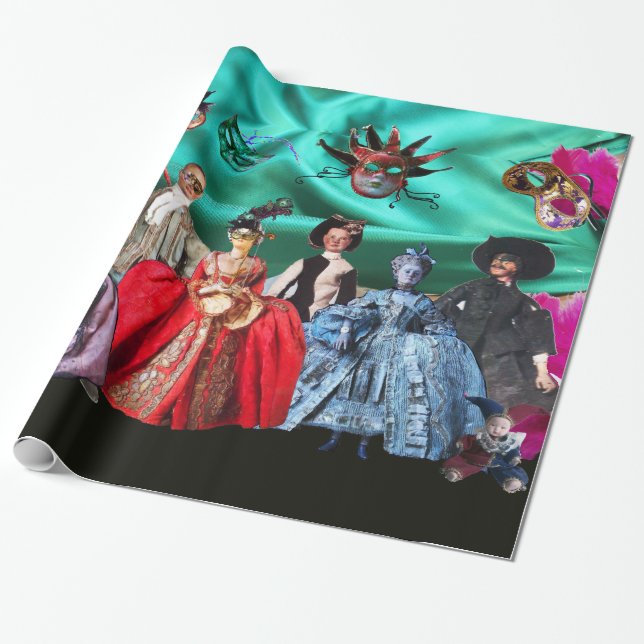 PAPEL DE PRESENTE ANTIQUE ITALIAN PUPPETS AND MASKS MASQUERADE PARTY (Desenrolado)