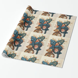 PAPEL DE PRESENTE ANTIQUE KNIGHT HELMET COM PENAS AZUIS VERMELHAS