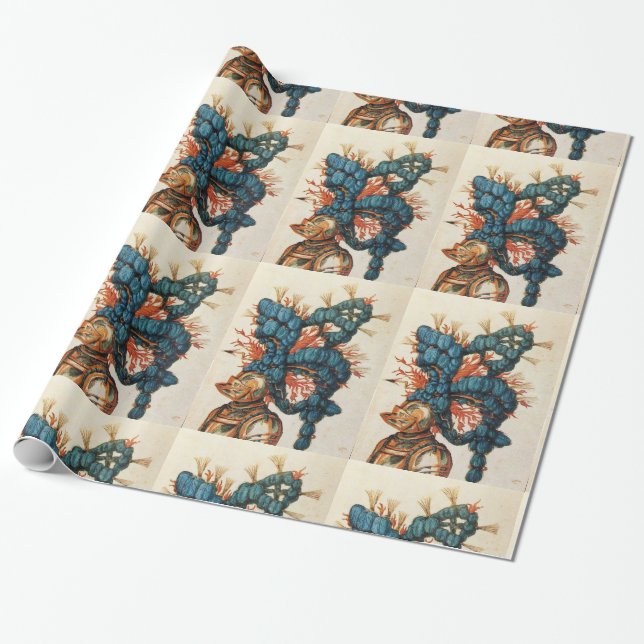 PAPEL DE PRESENTE ANTIQUE KNIGHT HELMET COM PENAS AZUIS VERMELHAS (Desenrolado)