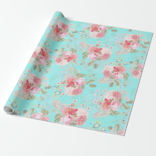 Papel De Presente Antique Rose Bouquets de Redouté em azul