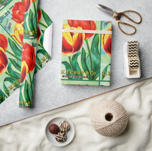 Papel De Presente Anúncio de Jardim Antigo, Tulipas Vermelhas e Amar (Artesanato)