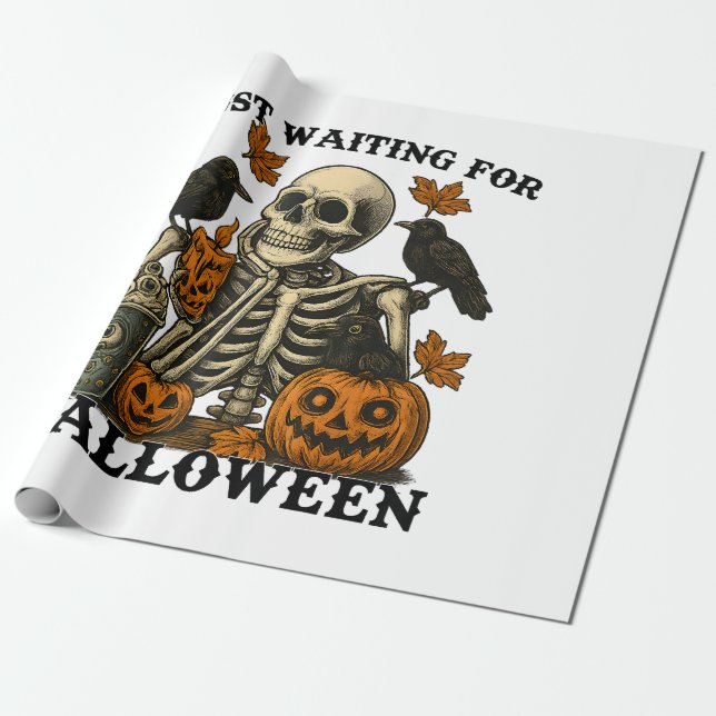 Papel De Presente Apenas Esperando pelo Esqueleto de Café de Hallowe (Desenrolado)