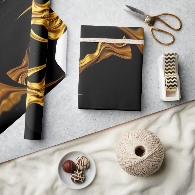 Papel De Presente Apresentação Sofisticada: Preto e Dourado Abstrato (Artesanato)