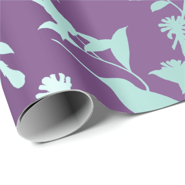 Papel De Presente Aqua Blue Roxo Hummingbird Flores (Ponta do rolo)
