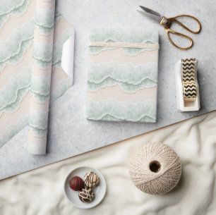 Papel De Presente Aqua Creme Menta Areia Oceano Praia Listras Aniver