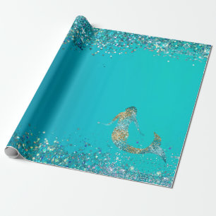 Papel De Presente Aqua Dourada Glitter Sparkle Mermaid