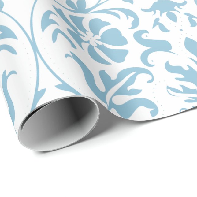Papel De Presente Aqua floral bonito e design branco do damasco (Ponta do rolo)