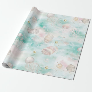 Papel De Presente Aqua Ocean Waves & Seashell Pattern (12)