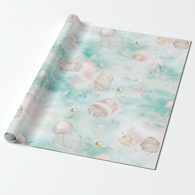 Papel De Presente Aqua Ocean Waves & Seashell Pattern (12) (Desenrolado)