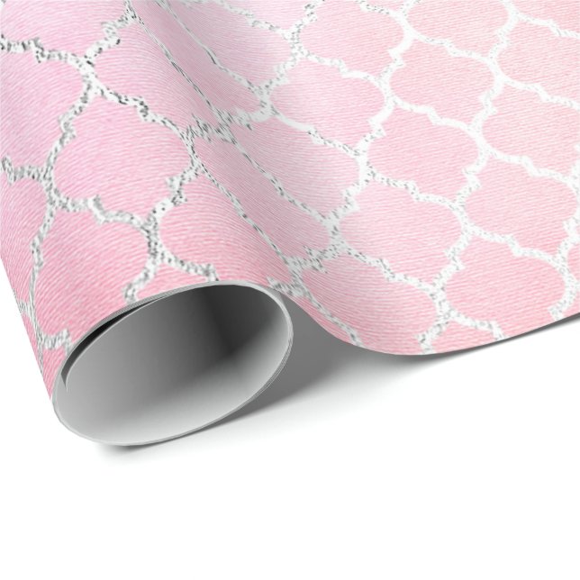 Papel De Presente Aqua Pastel Ombre Silver Quatrefoil Rosa (Ponta do rolo)